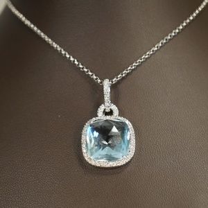 14KW Gold Genuine Topaz & Diamond Pendant W/Chain